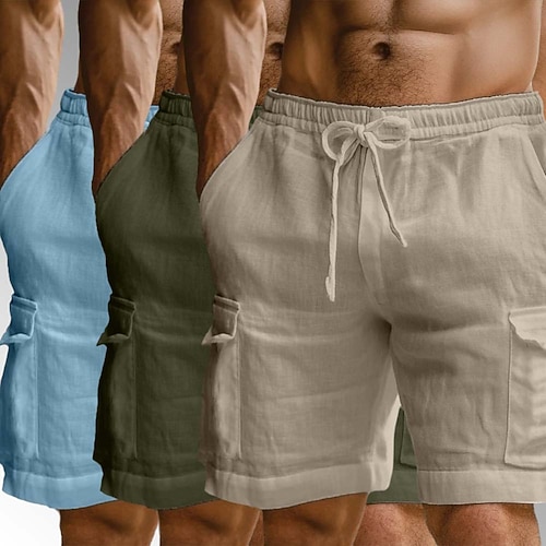 Herren Cargo-Shorts Leinenshorts Sommershorts Strandshorts Kordelzug Elastischer Bund Mehrere Taschen Einfach Komfort Atmungsaktiv Knielang Outdoor Täglich Ferien Urlaub Mode Blau Weiß Schwarz Image
