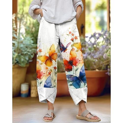 Damen Stoffhosen Hosen Hose Urlaub Vintage Lässig Knöchellang Hohe Taille Grafik Schmetterling Elastischer Bund Bequem Atmungsaktivität Weich Unelastisch Outdoor Straße Täglich Schwarz Gelb Orange