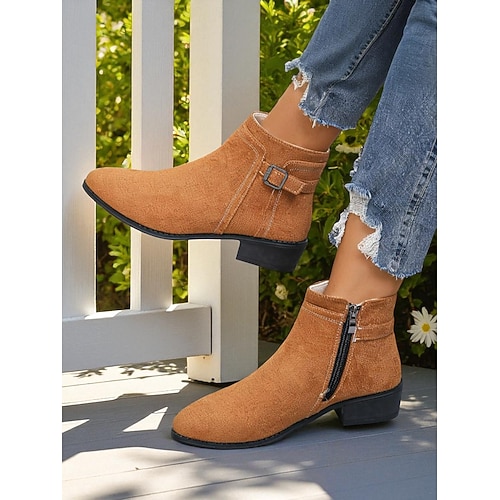 Damenstiefeletten aus Wildlederimitat mit seitlichem Reißverschluss und Schnalle – bequeme, lässige Stiefeletten für Herbstausflüge, Gartenspaziergänge und Wochenendausflüge Image