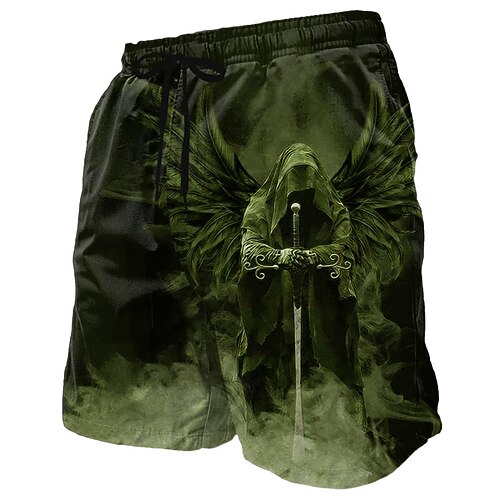Herren Sensenmann Engel Tod Badehosen Badeshorts Boardshorts Mittlere Taille Dunkler Gothic-Stil Ferien Streetwear Seitentaschen Netzfutter Elastischer Kordelzug in der Taille Designer Bekleidung Image