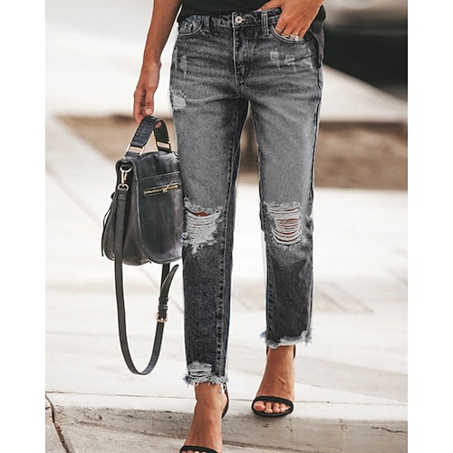 Damen Stoffhosen Gemütliche Leggings Gerade Streetwear Lässig Volle Länge Natürliche Taille Einfach Tasche Zerrissen Bequem Urlaub Ausgehen Hellhimmelblau Marinenblau Schwarz Herbst Normale Passform Image