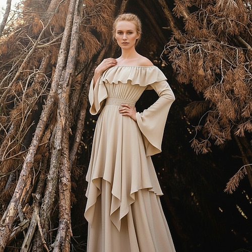 Elegant Mittelalterlich Renaissance Cocktailkleid Kleid im Regency-Stil Puffärmel Wikinger Elfen Schulterfrei Einfarbig Kostüm Damen Keltisch Seeräuber Fantasie Halloween Karneval Maskerade Halloween Image