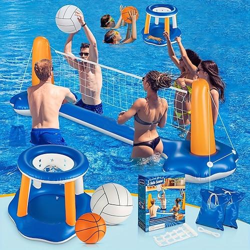 Aufblasbares Pool-Floß-Set 125 Zoll (ca. 305 cm) Volleyballnetz und Basketballkorb Großes schwimmendes Schwimmspielspielzeug Geeignet für Erwachsene Sommer-Wasserboje Volleyballfeld