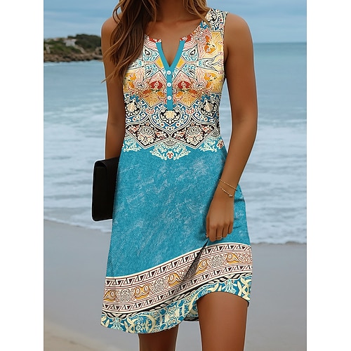 Per donna Mini Abito Vestito Estivo Abito a Tubino Abito a spalle scoperte Vacanza Casual Spiaggia Quotidiano Ferie Vestibilità regolare Grafico Geometrico Senza Maniche Scollo a V Rosa Blu Azzurro