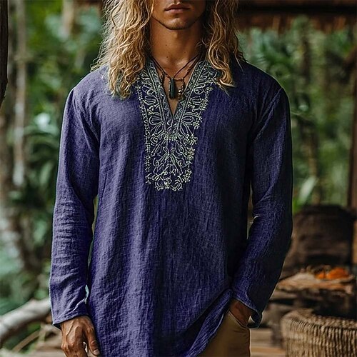 Herren Hemd Leinenhemd Popover-Hemd Sommerhemd Strandbekleidung Geometrisch Urlaub Straße Wein Marineblau Blau Langarm V Ausschnitt Sommer Frühling Bekleidung Image