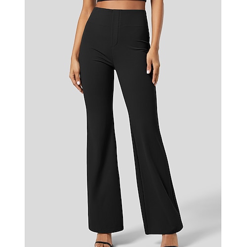 Damen Weites Bein Schlaghose Stoffhosen Streetwear Lässig Volle Länge Natürliche Taille Einfach Tasche Elastischer Bund Bequem Outdoor Urlaub Ferien Dunkelgrau Schwarz Armeegrün Dunkelblau Herbst Image