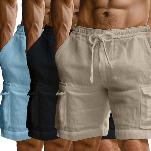 Herren Cargo-Shorts Leinenshorts Sommershorts Strandshorts Kordelzug Elastischer Bund Mehrere Taschen Einfach Komfort Atmungsaktiv Knielang Outdoor Täglich Ferien Urlaub Mode Blau Weiß Schwarz Image