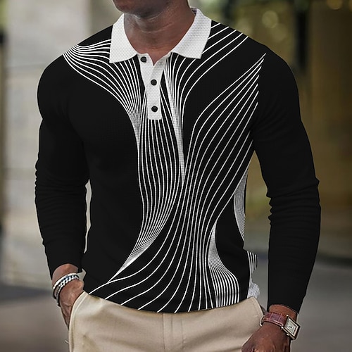 Herren Geometrisch Linie Waffel-Poloshirts Langarm Polo-Shirts Hemden mit Kragen Business-Casual Geschäft Büro-Outfit Alltagskleidung Knöpfe Frühling Herbst Winter Schwarz Blau Grün Image