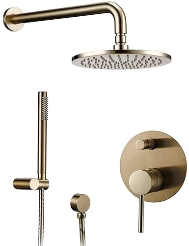 Shower Set Wall Mounted Shower Taps Bathroom Bath Brushed Gold Shower Faucet System Set Brass Diverter Mixer Tap Set 8-12" Shower Head Wall Arm Valve Shower System Set with Shower Head Shower