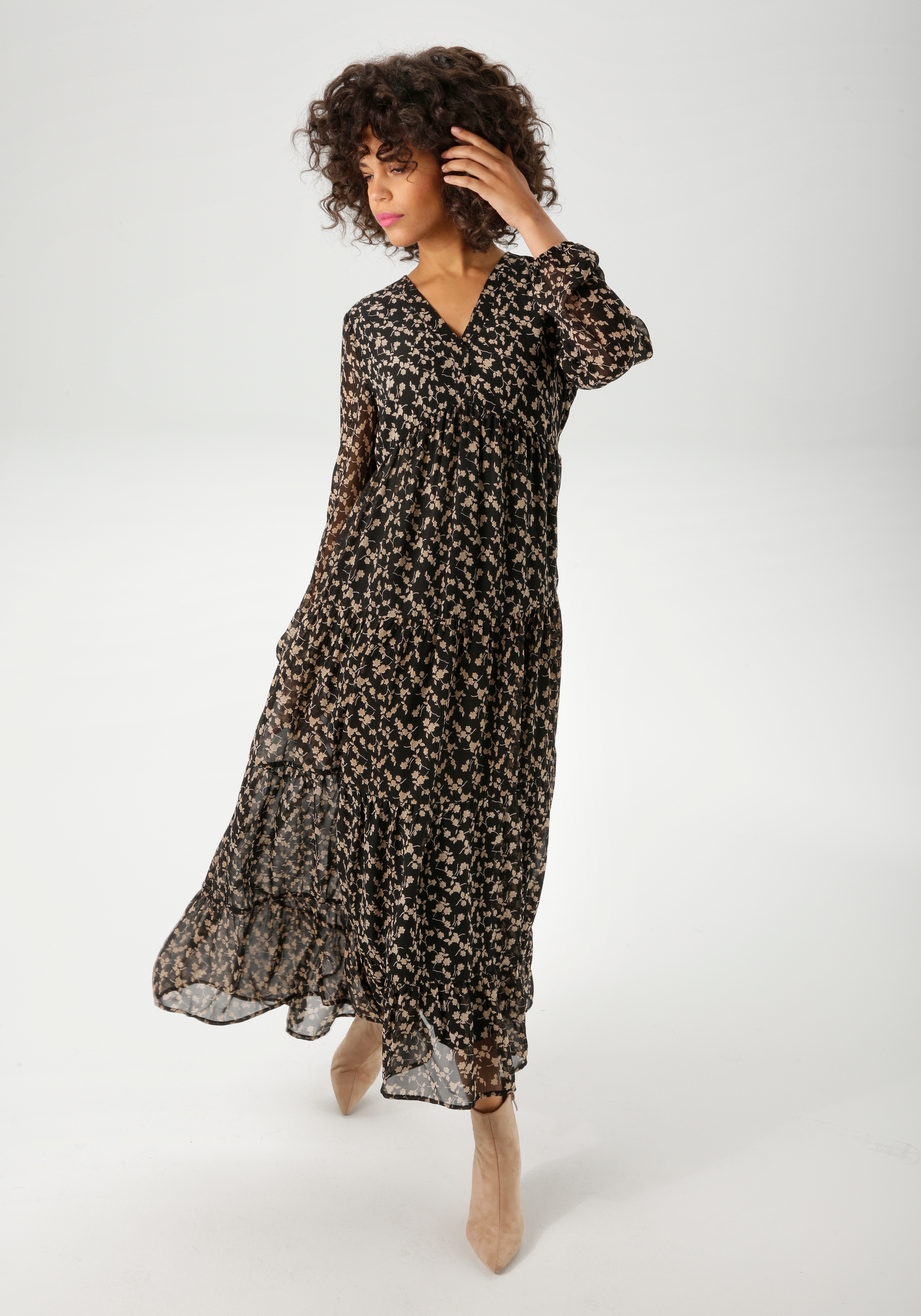 Maxikleid ANISTON CASUAL, Damen, Gr. 40, N-Gr, schwarz (schwarz, beige, hellbeige), Georgette, Obermaterial: 100% Polyester. Futter: 100% Polyester, bedruckt, geblümt, figurumspielend knöchelfrei, V-Ausschnitt, elastischer Bund mit Gummizug, Kleider...