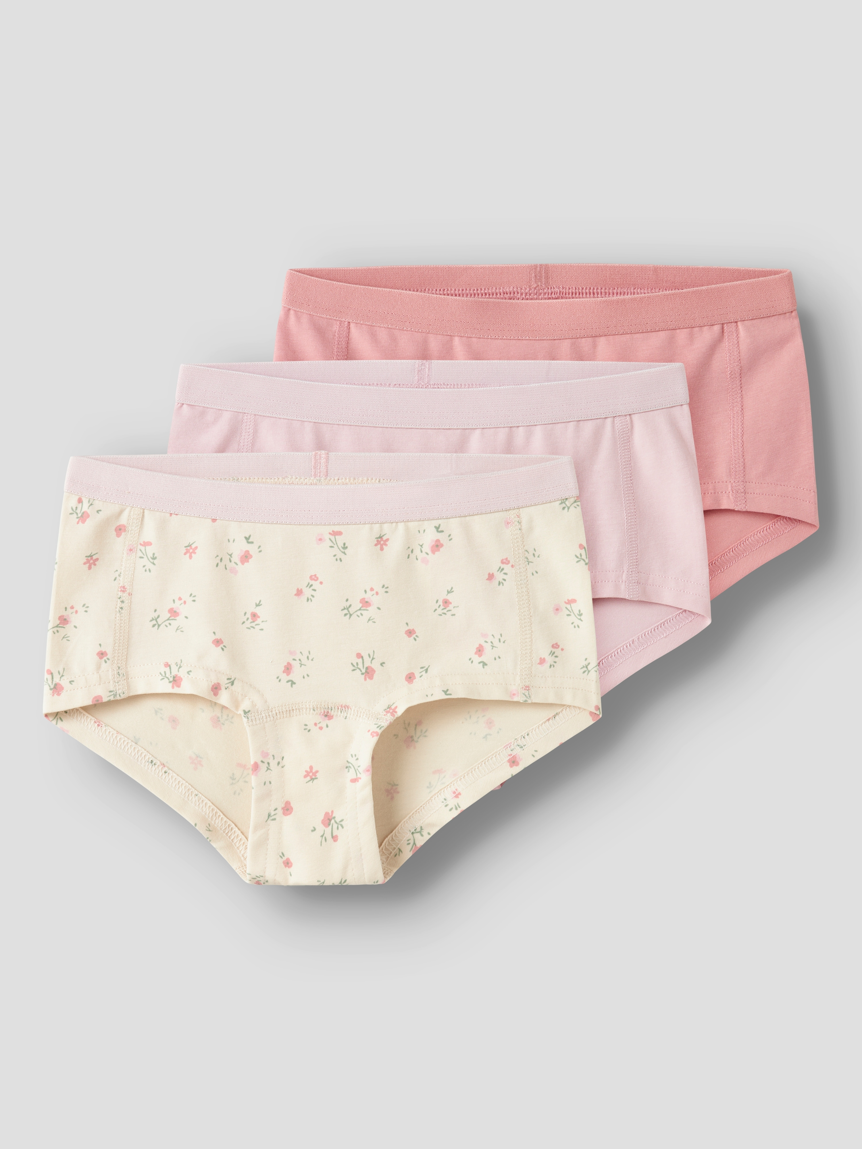 Boxershorts NAME IT "NKFHIPSTER 3P FLOWER NOOS", Mädchen, Gr. 116, 3 Stk., rosa (turtledove pack:w, pale lila, mellow rose), Jersey, Obermaterial: 95% Baumwolle, 5% Elasthan, bedruckt, bequem, Unterhosen