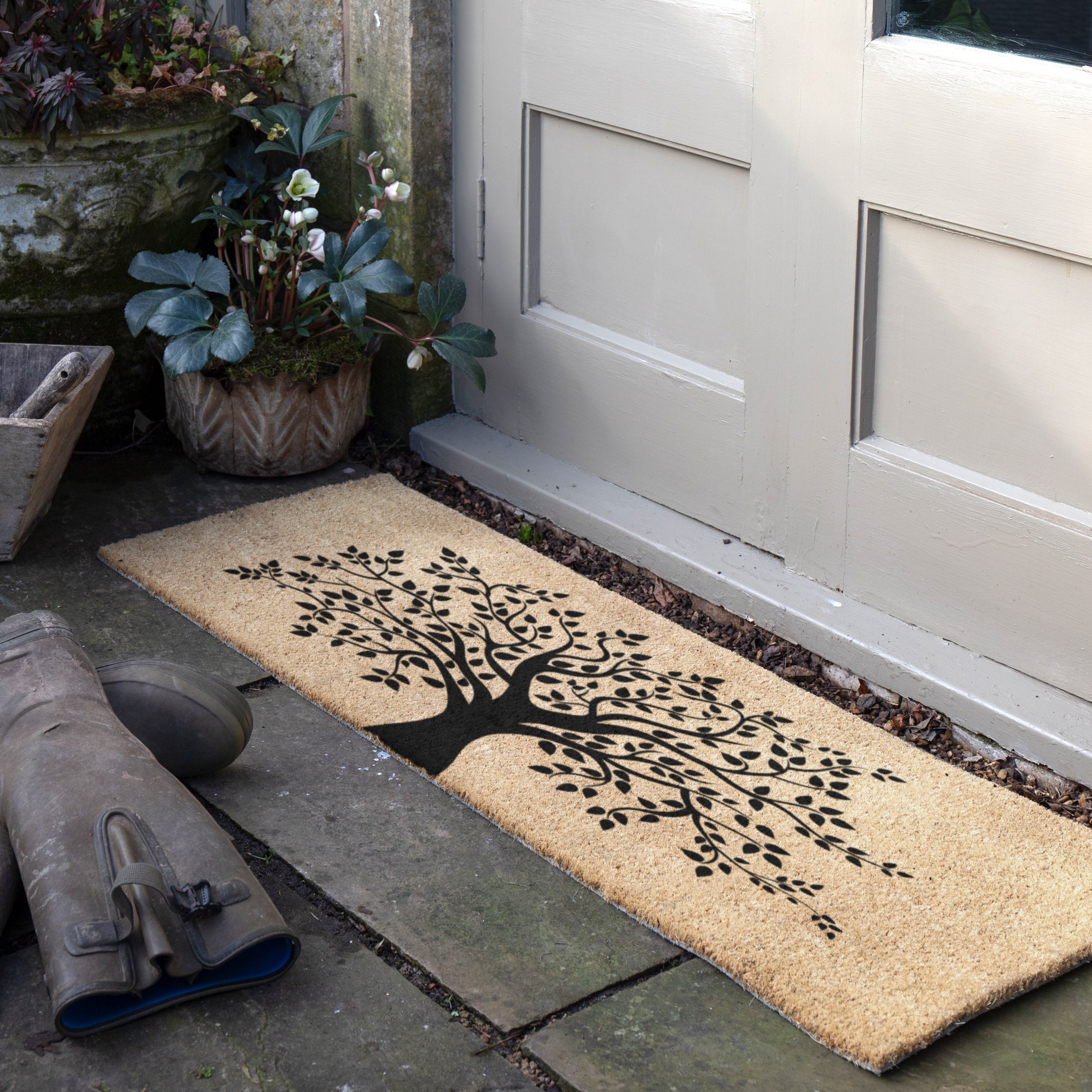 Zerbino doppio albero della vita - Zerbino da patio antiscivolo - Zerbino di benvenuto per porta d'ingresso - Zerbino in cocco naturale - Regalo di in
