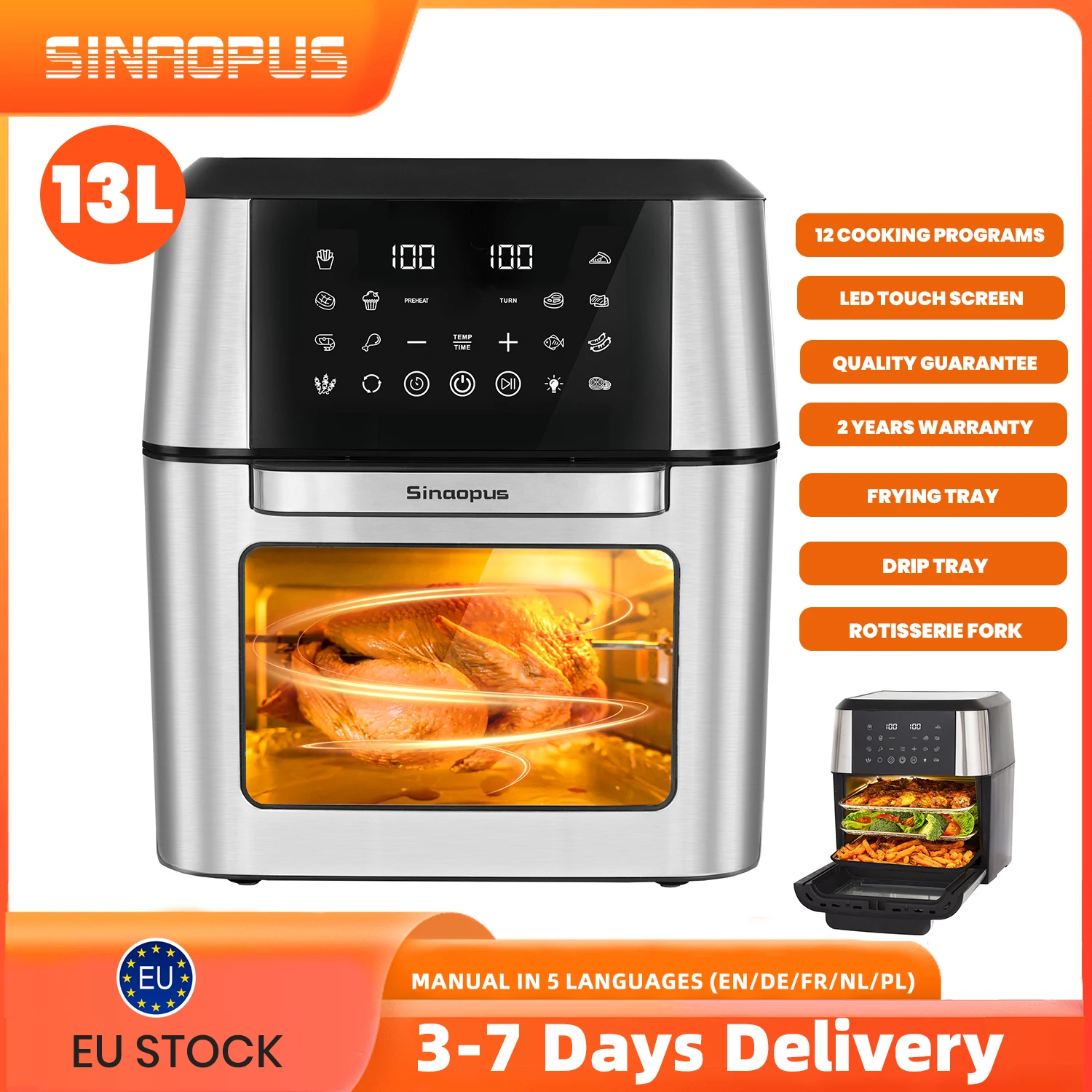 Heißluftfritteuse 13L Fritteuse, Multifunktionsofen mit Zubehör, Easy Fry & Grill Gleichmäßige Erwärmung, 12 Funktionen Image