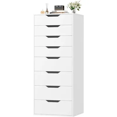 Tall White Dresser, 8 Drawer Dresser with Groove Handles, White Tall Dressers, Modern Chest of Drawers with Large Storage Space