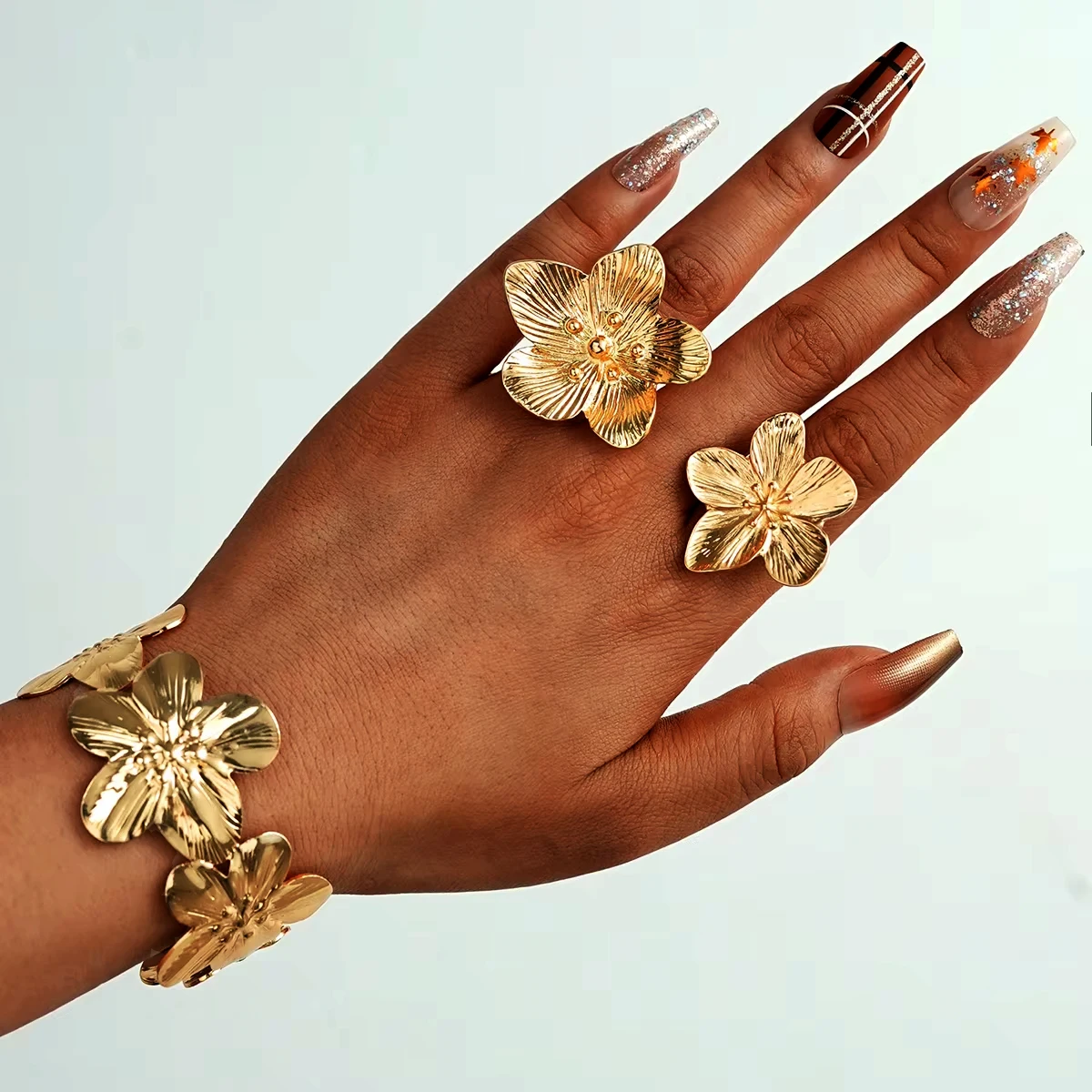 3Pcs frauen Gold Farbe Blume Armband Ringe Sets Trendy Wasserdichte Chunky Metall Armreif Ringe Hochzeit Schmuck Zubehör Image