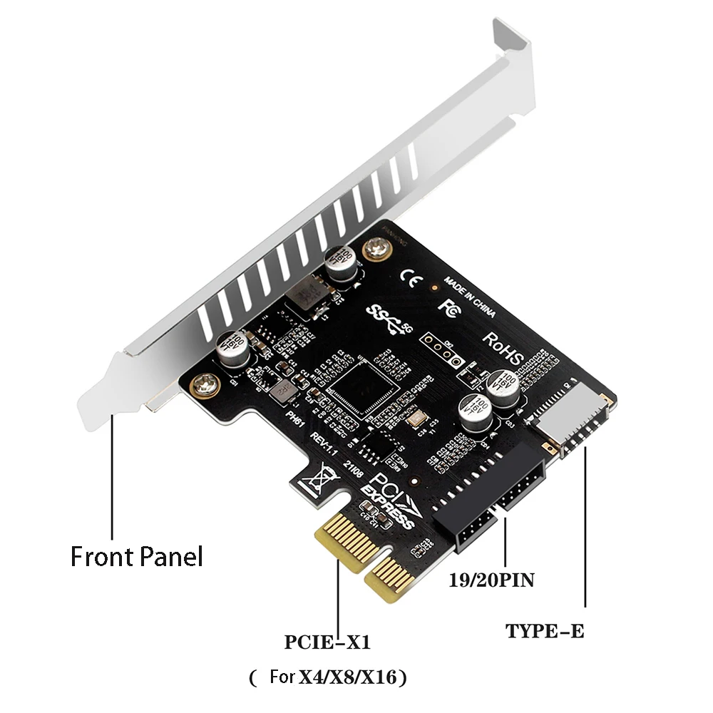 PCIE zu USB 3.0 Erweiterungskarte 5 Gpbs Typ E Konverter Frontplatte PCI-Express 1x 4X 8X 16X auf 19P 20 PIN Typ C Mount Adapter Image