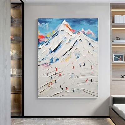 Handmade 3D Textured Mountain Skiing Oil Painting with Gallery Frame - Bold Impasto Brushstrokes in Vibrant Winter Hues Dynamic Skiers on Snowy Peaks Modern Wall Art for Winter Cabin or Ski Lodge
