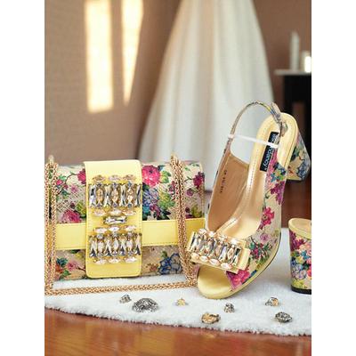 Women's Floral Print Peep Toe Heels with Rhinestone Buckle - Elegant Bridal Shoes and Matching Bag Set for Weddings and Formal Occasions