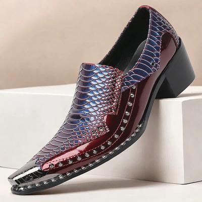 Men's Burgundy and Blue Crocodile-Texture Loafers Luxury Leather Dress Shoes for Fashionable Men at Formal Events and Evenings Out