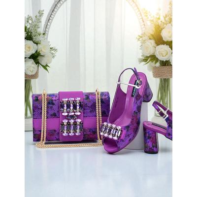 Women's Floral Print Peep Toe Heels with Rhinestone Buckle - Elegant Bridal Shoes and Matching Bag Set for Weddings and Formal Occasions
