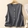 O-Ausschnitt Button-Up ärmellose Jacke Mantel Damen Sommer Beige Grau Baumwolle Leinen Weste Vintage elegante Strickjacke Cover Ups Achselzucken