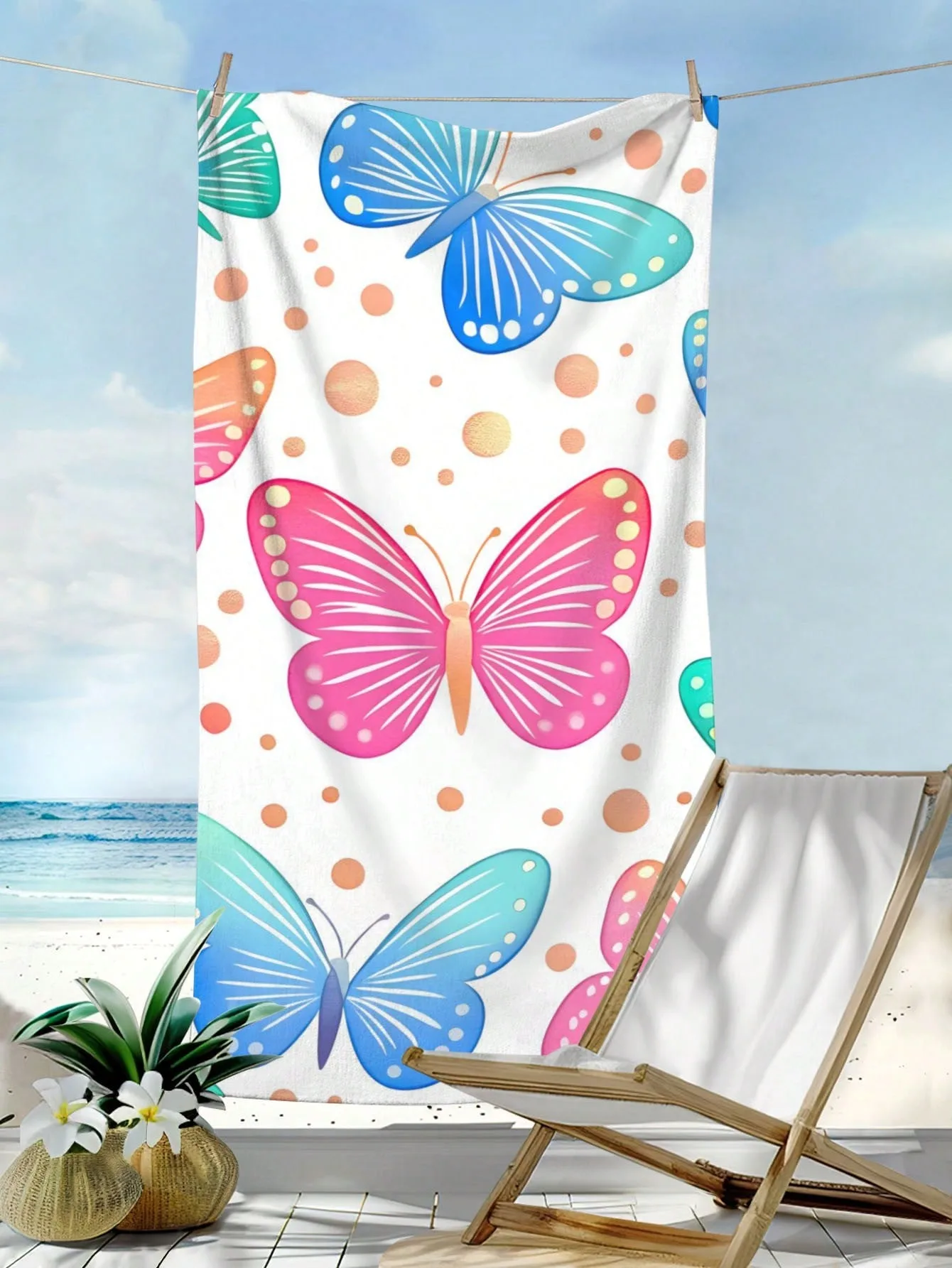 Bedrucktes Strandtuch mit Insekten- und Schmetterlingsmuster, super saugfähiges, schnell trocknendes Anti-Sand-Handtuch, unverzichtbar zum Schwimmen und Tauchen Image