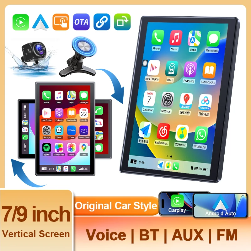Tragbarer 7"/9" Carplay-Bildschirm für das Auto, kabelloses Carplay Android Auto-Autoradio mit Bluetooth AUX, vertikaler Navigations-GPS-Bildschirm Image