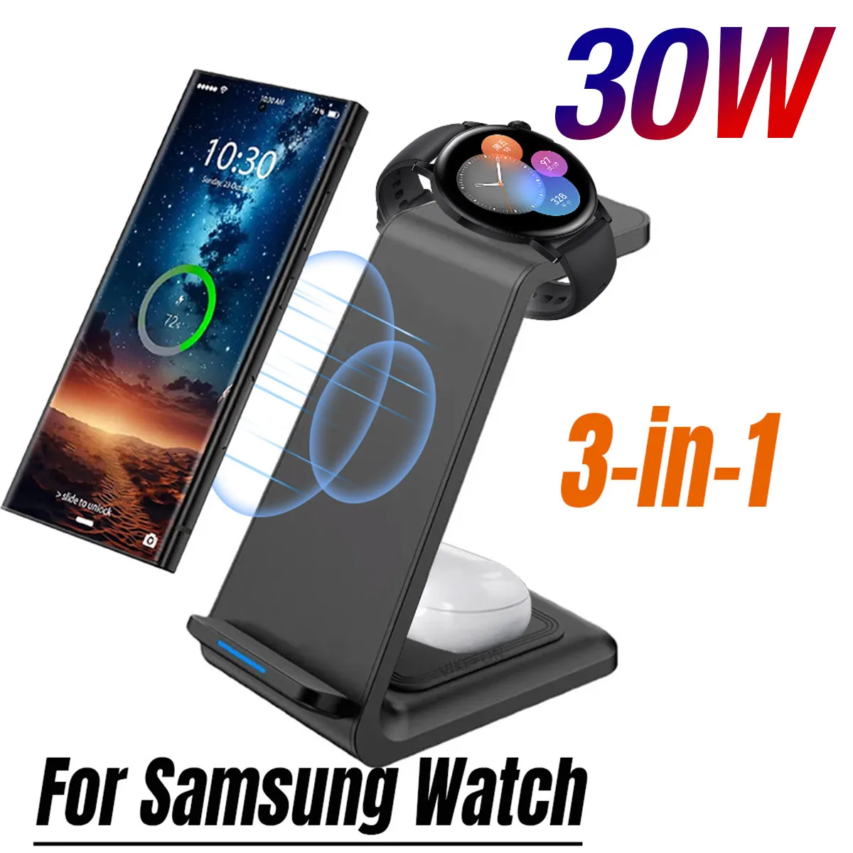 30W Ladestation 3 in 1 kabelloser Ladeständer für Samsung S25 S24 S23 Galaxy Watch 7/6/5/4/3/2 Buds3/2/3 Pro Schnellladung Image