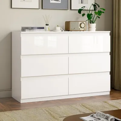 White Wood Dresser, 6 Drawer Dressers for Clothes Storage for Bedroom, Modern Dresser with Wide Drawers, Wide Wooden Chest Drawe