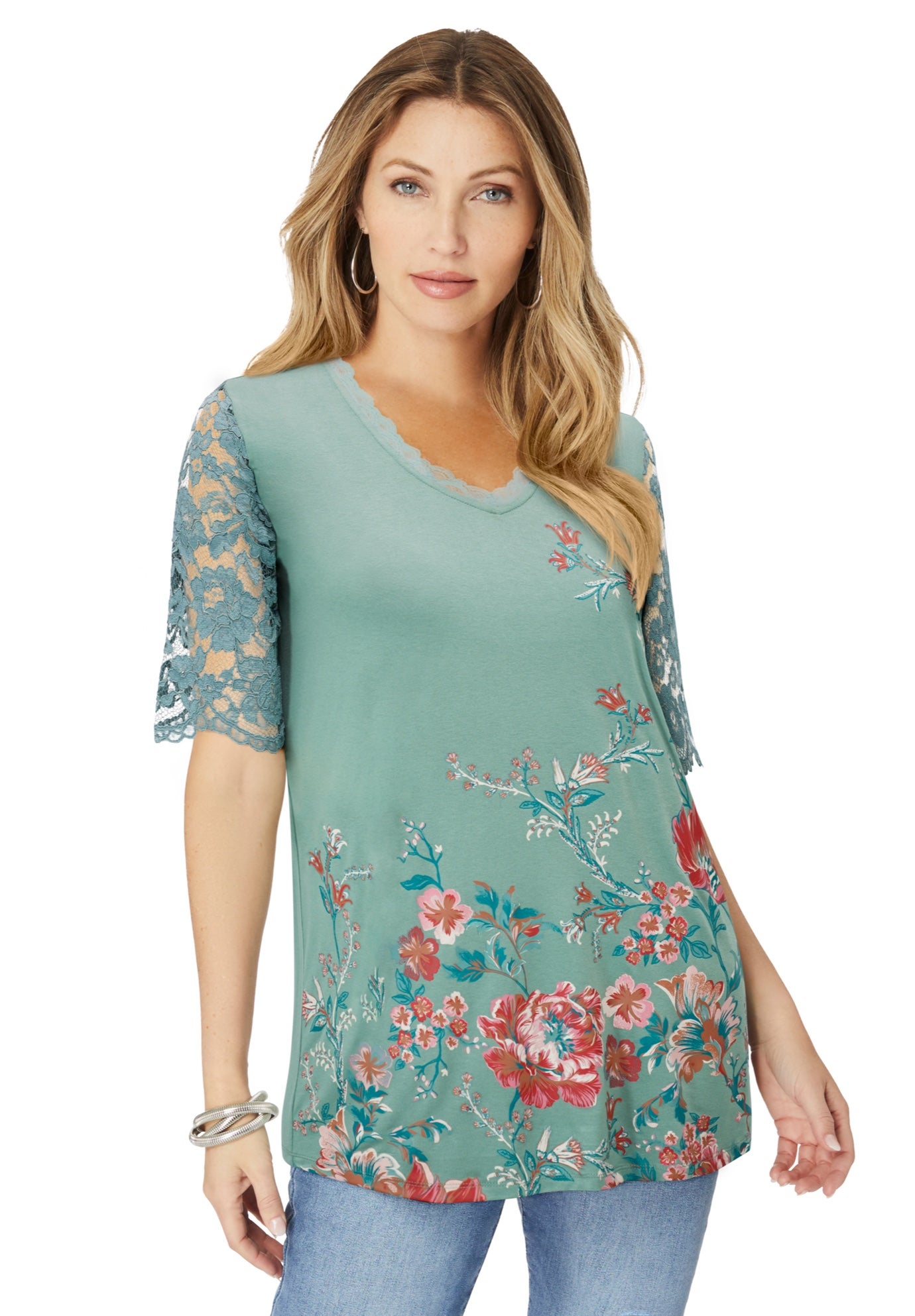 Plus Size Women's Plus Size Lace Sleeve Printed Tee by Roaman's in Sage Garden Print (Size 22/24)