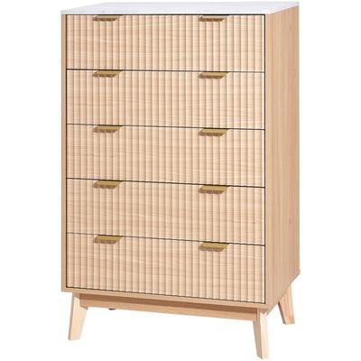 Mophorn - Kommode mit 5 geriffelten Schubladen, Holzschrank mit Schiebe- und Kippschutz, moderner Image