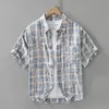 2025 Summer Japanese Checkered Printed 100% Cotton Short Sleeve Shirt for Men - Fresh Style Casual Loose Fit Top Artistic Vibe