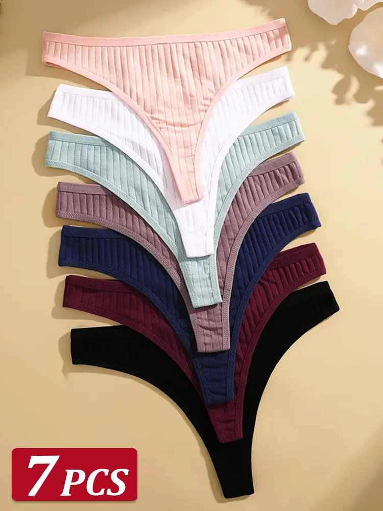 7 Teile/satz Frauen Baumwolle Tangas Höschen Weibliche Rippen Low Rise G-String Damen Sexy Bikini 7 Einfarbig Mädchen Weiche S-XL Dessous Image