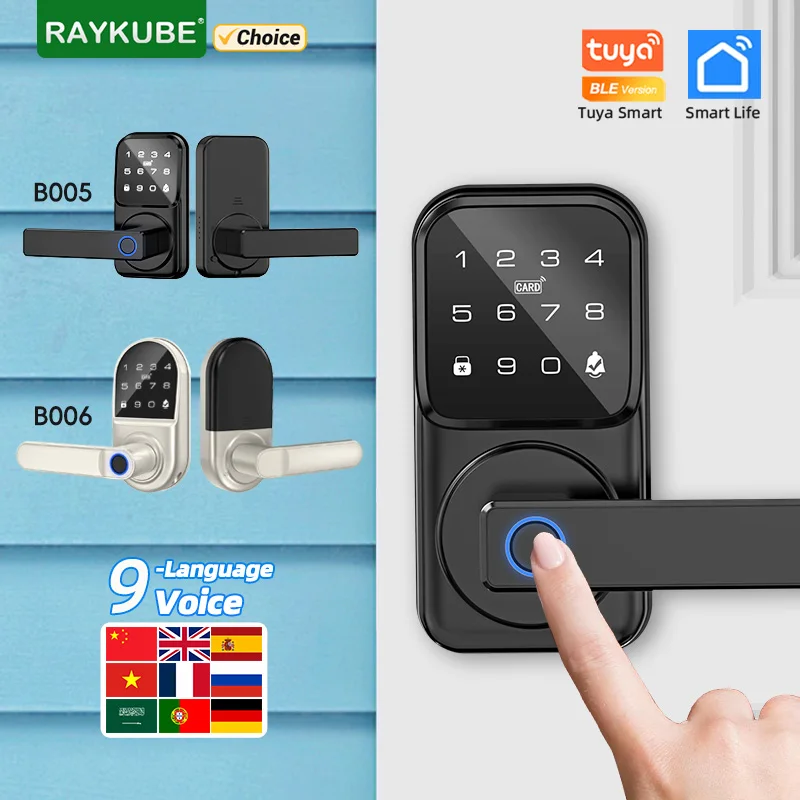 RAYKUBE B005 Tuya BLE Digitales elektronisches Smart-Riegel-Fingerabdruck-Türschloss mit Türklingel, 9-Schloss, Sprache, Passwort/Kartentriegelung Image