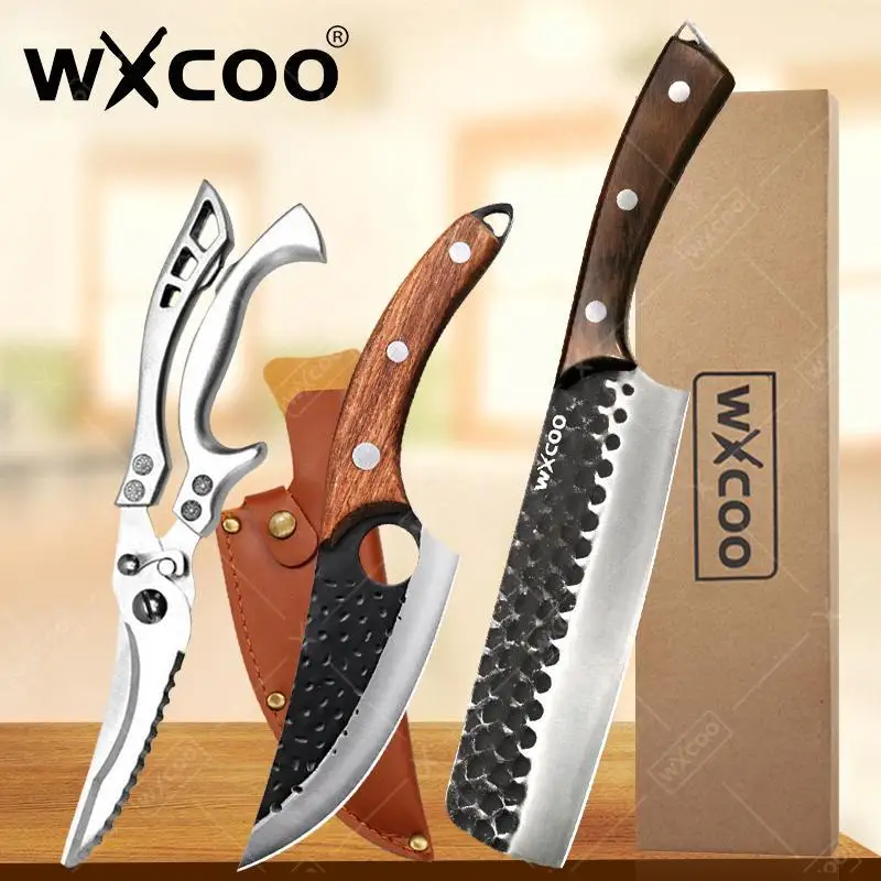 WXCOO Geschmiedetes Ausbenholzgriff Edelstahl Küchenmesser Handgemacht Chef Metzgermesser Schere Hackmesser Fleisch Kochmesser Image