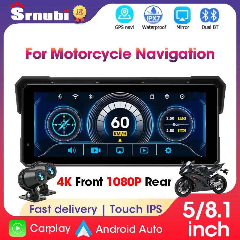 5/8,1 Zoll 4K + 1080P Motorrad Carplay GPS Navigation Dual Lens Wireless Carplay Android Auto IPX7 Wasserdicht Moto DVR Display Image