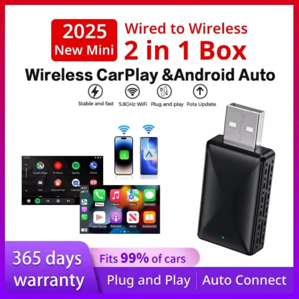 2025, neuer kabelloser CarPlay- und Android-Auto-Adapter, geringe Latenz, 5,8 GHz, Plug & Play, erfordert kabelgebundene Autounterstützung, automatische Verbindung Image