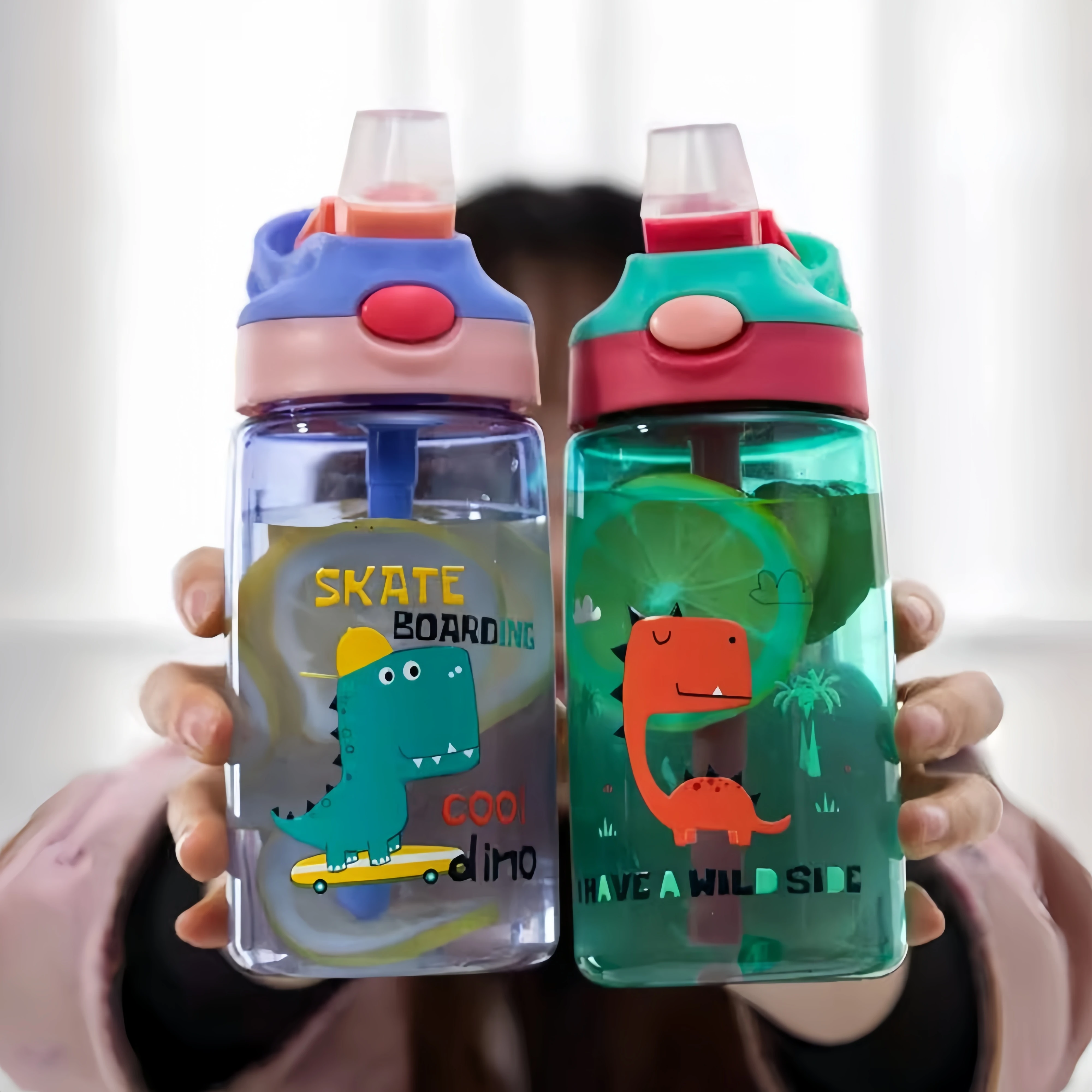 480ML Kinder Wasser Schnabeltasse Drink Auslaufsichere Wasserflasche Cartoon Dinosaurier Kinder Kunststoff Wasserflasche Mit Entenschnabel Stroh Image