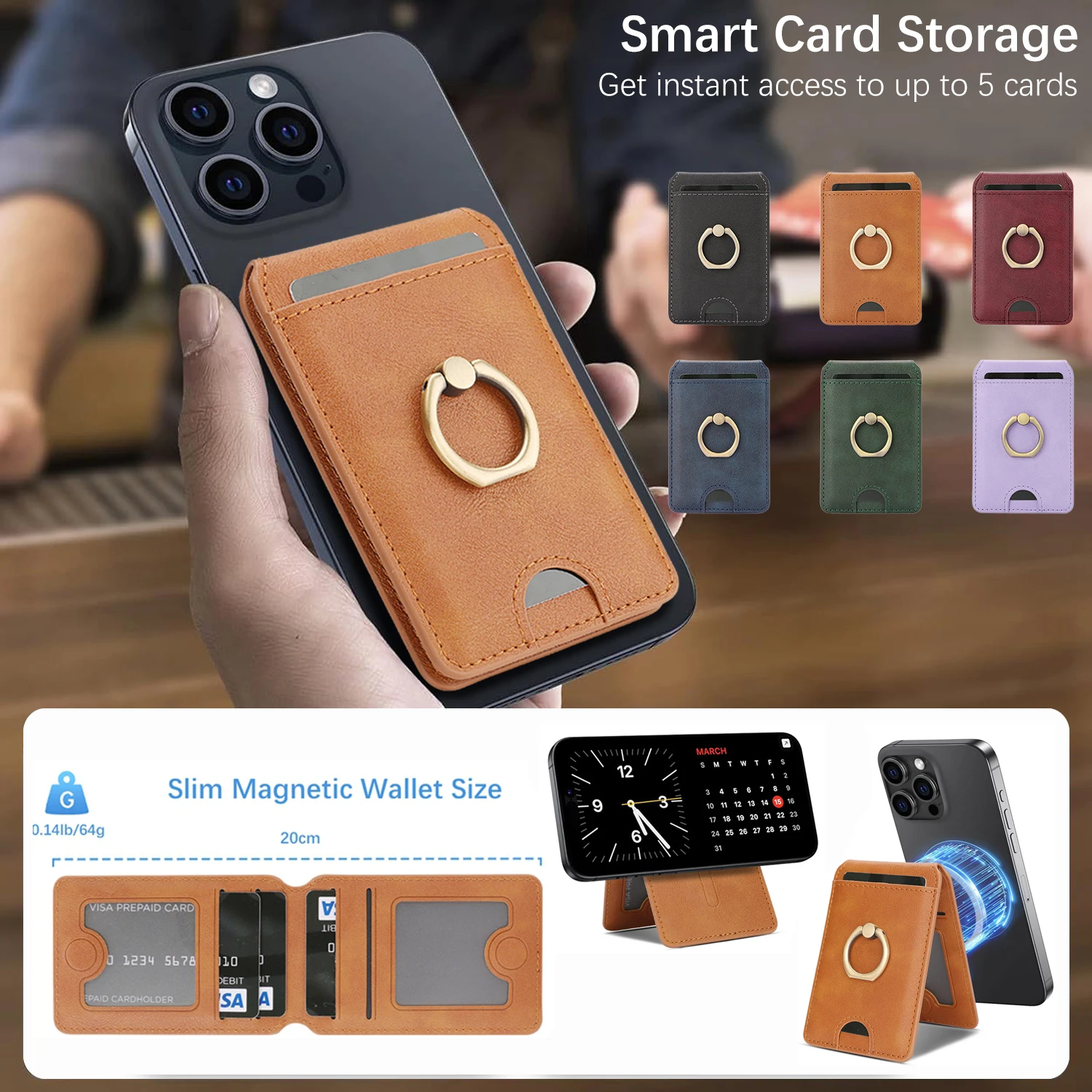 Magnetischer Ring-Leder-Kartenhalter, Schlitze für iPhone 16, 15, 14, 13, 12, Samsung Xiaomi Google Phone, Ständer, Karten, Tasche, Karten, Tasche Image