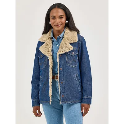 Wrangler Women Western Sherpa Lined Denim Wrange Coat Ink Denim Size M
