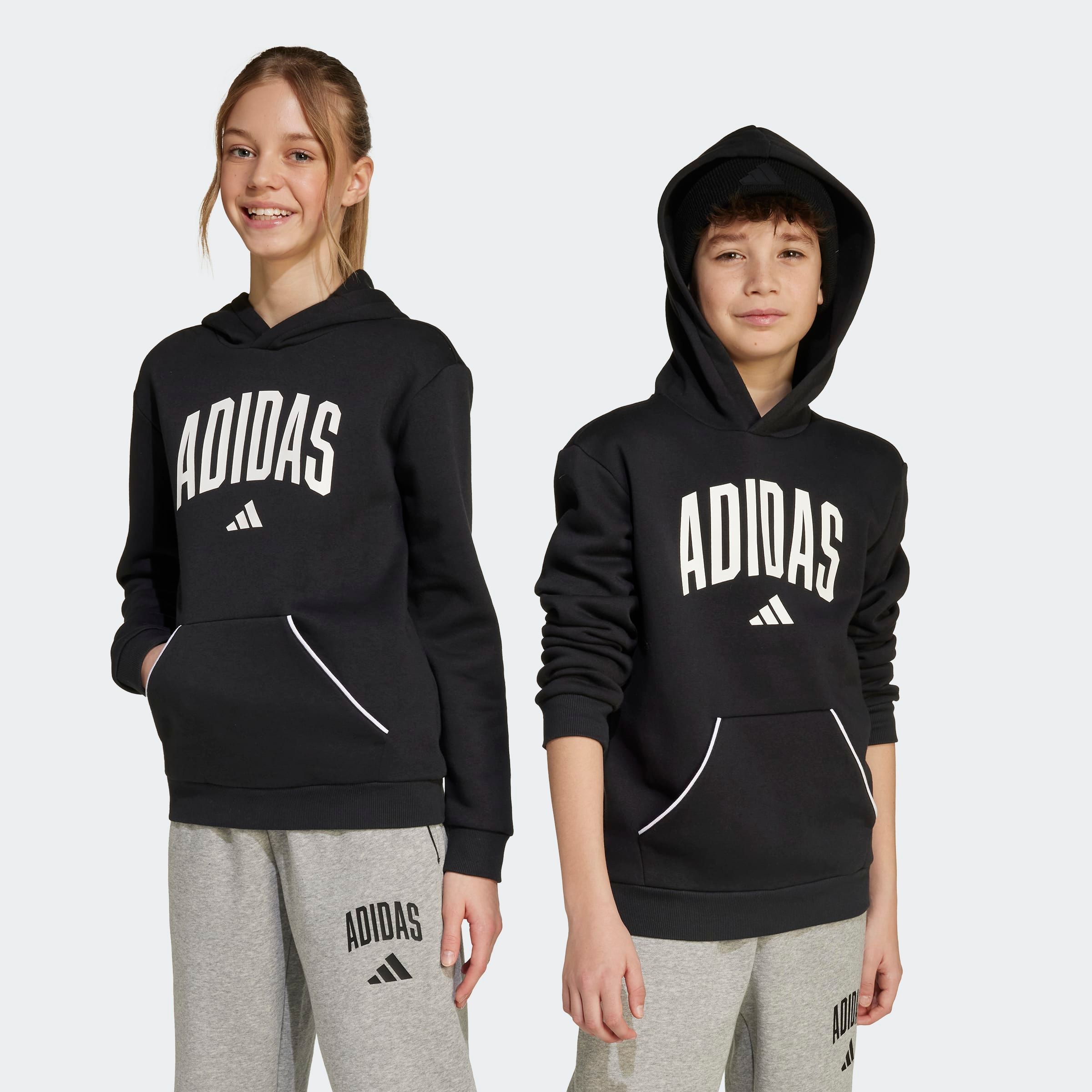 Kapuzensweatshirt ADIDAS SPORTSWEAR "J CLGT OH FL HD", Kinder, Gr. 176, schwarz-weiß (schwarz, weiß), Obermaterial: 55% Baumwolle, 36% Polyester, 9% Viskose, Sportlich, Sweatshirts Image