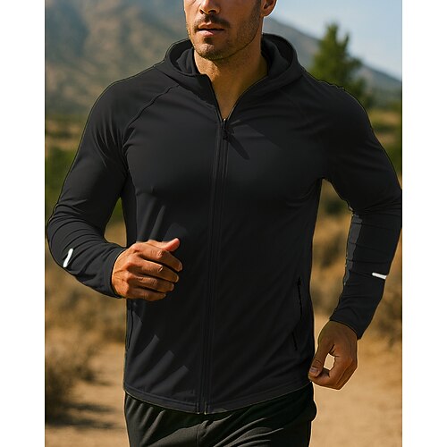 Herren Laufjacke Outdoorjacke Kapuzenjacke Kordelzug Tasche Langarm Oberteil Athleisure Sommer Einfarbig Winddicht Schnelltrocknend Feuchtigkeitsableitend Atmungsaktiv Angeln Wandern Laufen Image