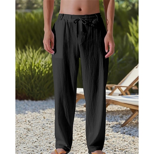 Herren Leinenhosen Hose Sommerhose Strandhose Tasche Elastischer Bund Kordelzug Einfach Komfort Atmungsaktiv Urlaub Täglich Ferien Hawaiianisch Boho Cachi scuro Schwarz Image