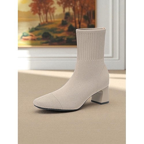 Marineblaue Strick-Sockenstiefel für Damen – spitze Stretch-Stiefeletten mit Blockabsatz für elegante Alltags- und Herbstoutfits Image