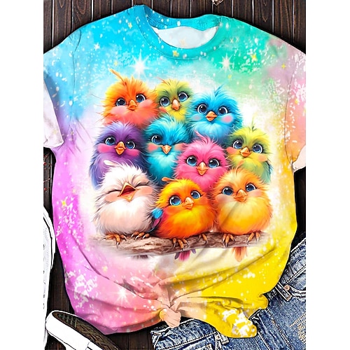 Damen T Shirt Druck Grafik Tiermotiv Batik Vintage Stilvoll Klassisch Kurzarm Rundhalsausschnitt Normale Oberteile Täglich Wochenende Blau Gelb Rosa Grün Sommer Frühling Image