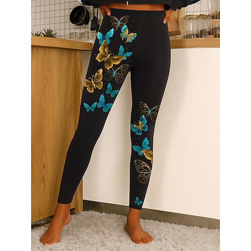 Damen Leggings Urlaub Vintage Ethno-Stil Knöchellang Hohe Taille Grafik Tiermotiv Schmetterling 3D-Druck Schnelltrocknend Atmungsaktivität Weich Dehnbar Täglich Heim Outdoor Blau Gelb Purpur Herbst Image