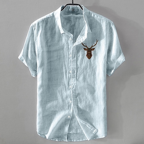 Herren Leinenhemd Freizeithemd Baumwoll-Leinen-Hemd Knopfhemd Mit Tiermuster Urlaub Alltagskleidung Weiß Dunkelmarine Himmelblau Khaki Kurzarm Revers Ganzjahres Bekleidung Schnalle Image