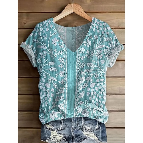 Damen T Shirt Druck Blumen Grafik Pflanzen Vintage Mode Hawaiianisch Kurzarm V Ausschnitt Normale Oberteile Täglich Ausgehen Wochenende Blau Weiß Gelb Rosa Himmelblau Sommer Frühling Image