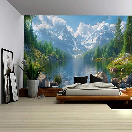 Natur Wandteppich Kunst Dekor Decke Vorhang Picknick Tischdecke hängend Haus Schlafzimmer Wohnzimmer Wohnheim Dekoration Wald Landschaft Sonnenschein durch Fluss Image