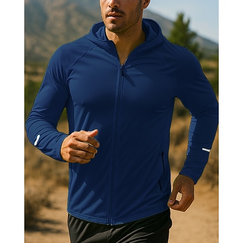Herren Laufjacke Outdoorjacke Kapuzenjacke Kordelzug Tasche Langarm Oberteil Athleisure Sommer Einfarbig Winddicht Schnelltrocknend Feuchtigkeitsableitend Atmungsaktiv Angeln Wandern Laufen Image
